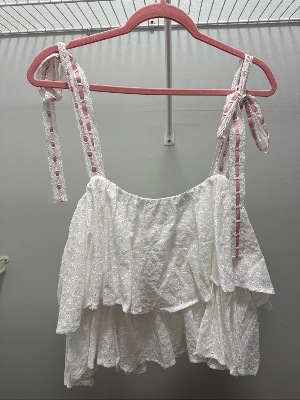 Arula White Eyelet Ruffle Tank with Pink Ribbon Ties